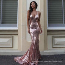 Sexy Halter Neck Open Back Sparkly Sequined Mermaid Rose Gold Prom Dress